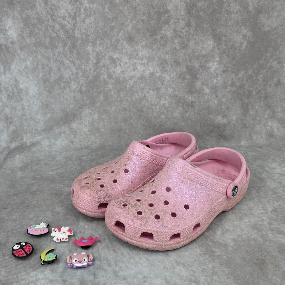 Crocs Classic Clog Pink Glitter Sparkle Slip On Shoes Kids Junior Size J4